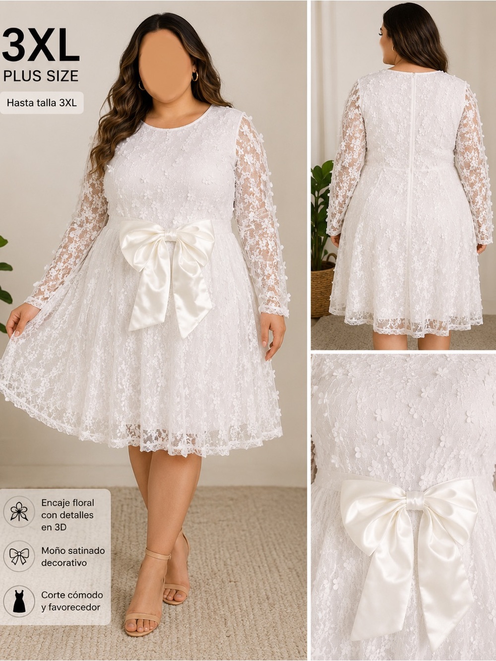 Plus Size White Lace Long-Sleeve Fit & Flare Dress with Satin Bow